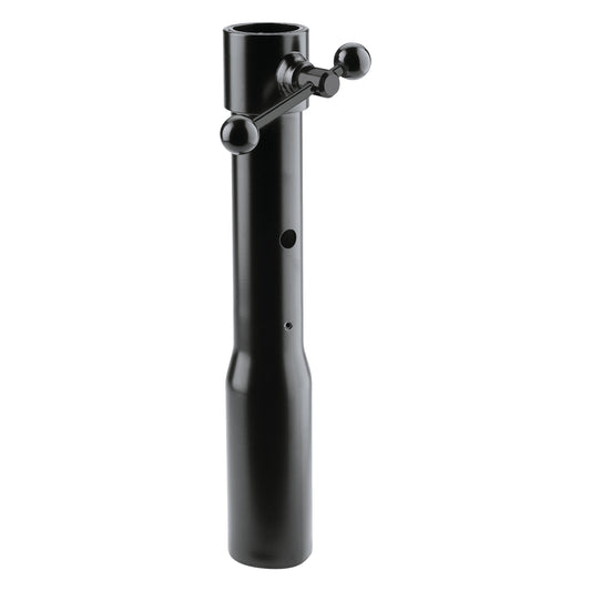 66350 connection sleeve for speaker stands, front view showing black tubular body with ball-ended clamping handle and pin hole, K&M
