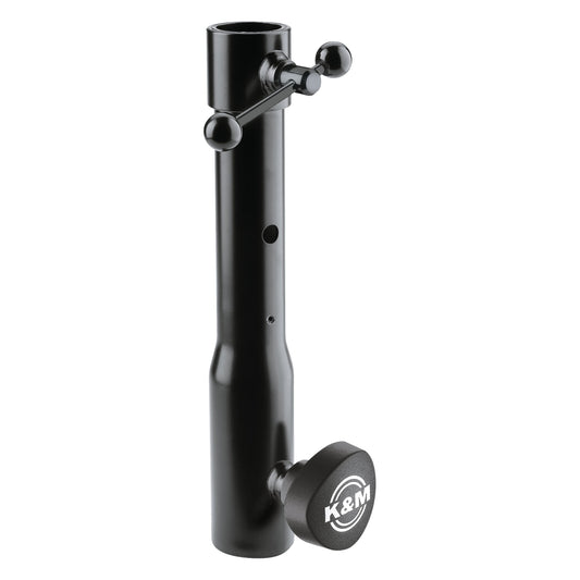 66360 steel connection sleeve front view showing black tube with ball-ended T-handle clamp at top and K&M logo locking knob at base, K&M