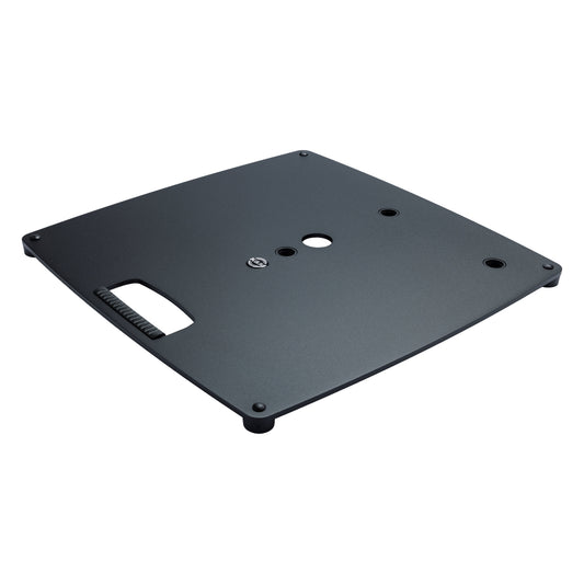 26713 heavy duty steel base plate angled top view in black with central threaded connector, carry handle cutout and rubber feet, K&M