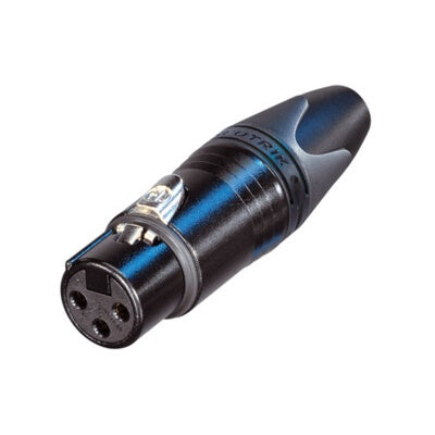 Neutrik NC3FXX-HA-BAG 3-pole female XLR cable connector, angled view of black shell and silver contacts