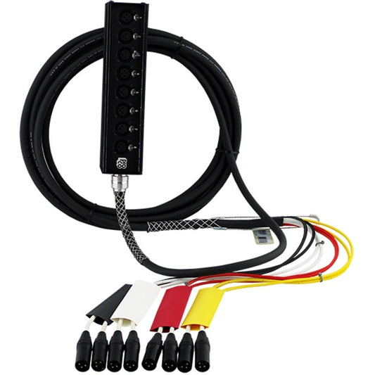 ProCo Sound RMST 50 ft drop snake coiled with 8-channel XLR stage box and color-coded XLR fantails