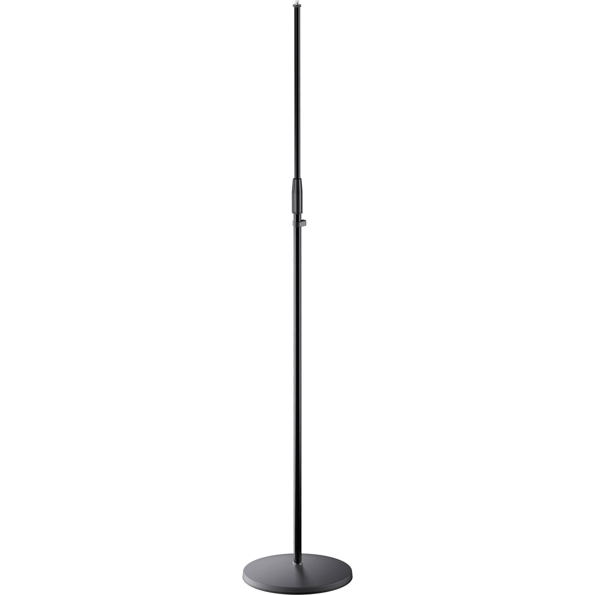 26050 extra-long studio mic stand full front view with black telescoping tube, clutch collar and large round base, K&M