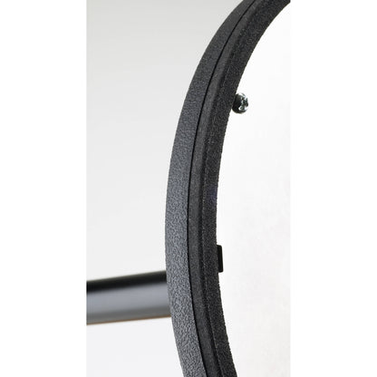26050 studio mic stand base close-up of textured black rim edge with underside screw and stand tube, K&M