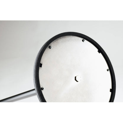 26050 studio mic stand underside of round base showing metal bottom plate, mounting screws and hex nut at center, K&M