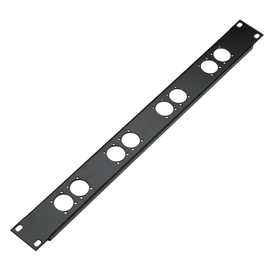 28308 1U rack connector panel angled front view showing eight D-size XLR cutouts in four pairs with screw holes and rack ear slots, black steel, K&M