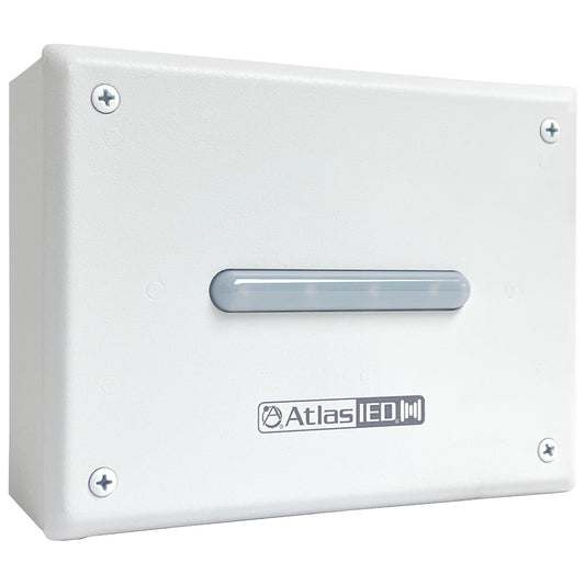 AtlasIED IP-F PoE+ LED visual alert endpoint angled front view with white enclosure and LED lens unlit