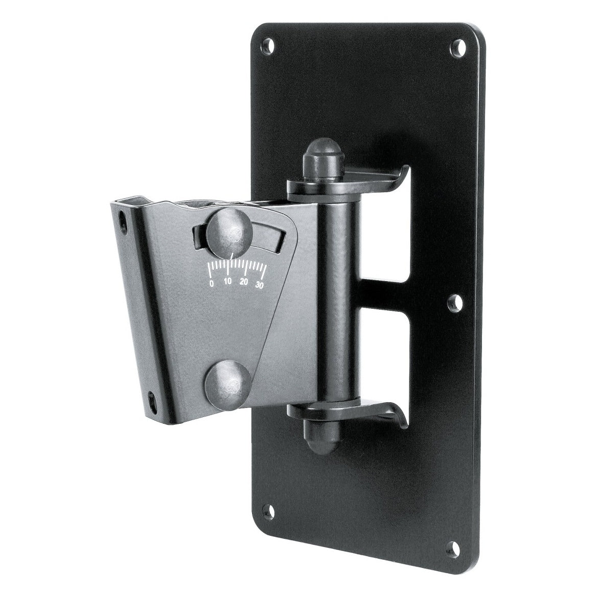 24481 speaker wall mount angled front view with black wall plate and tilt bracket showing 0 to 30 degree angle scale, K&M