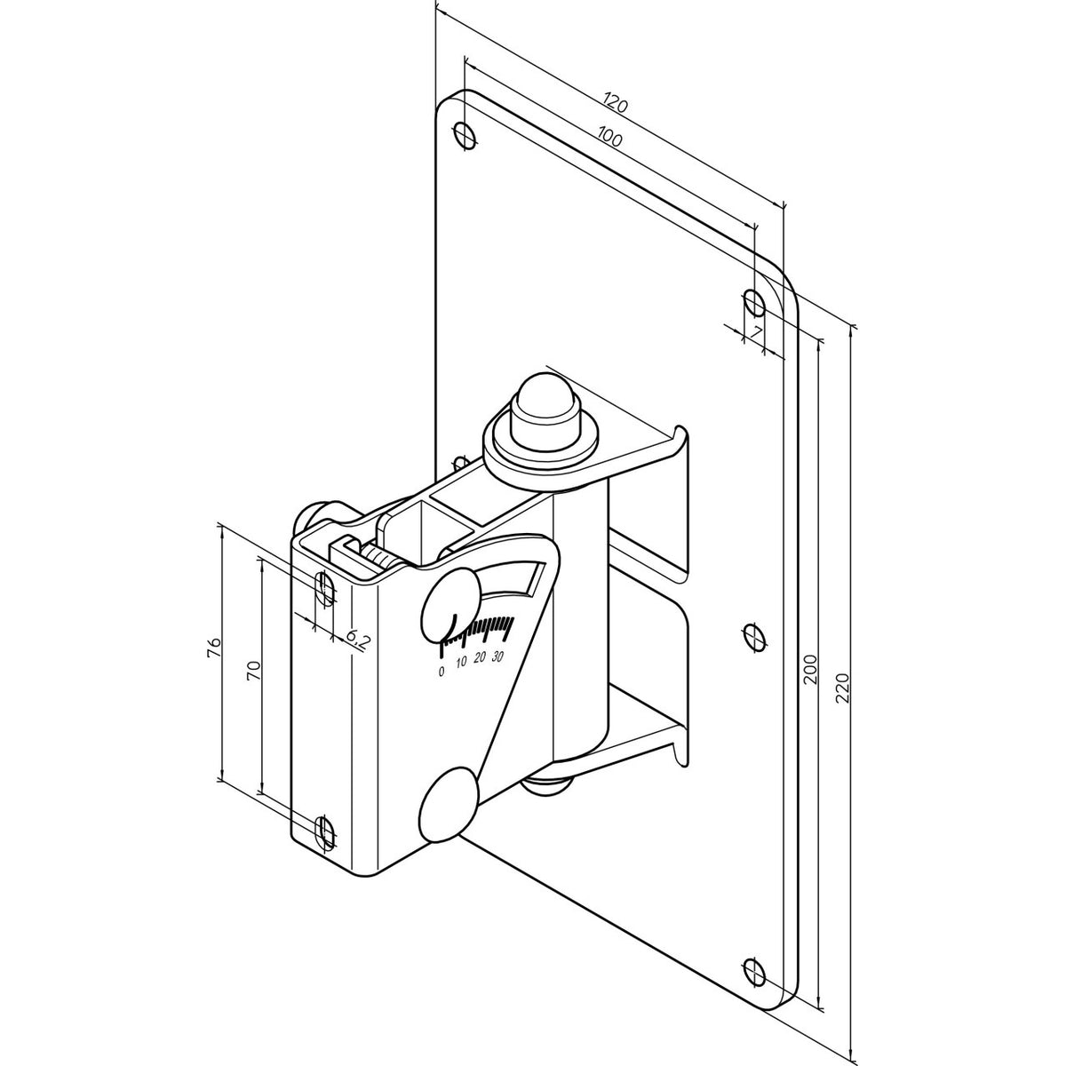24481 speaker wall mount technical dimension drawing showing wall plate 120 x 220 mm and bracket hole spacing, K&M