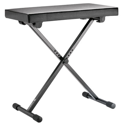 14065 keyboard bench angled front view showing black imitation leather seat, X-frame legs with height adjustment holes and rubber-capped feet, K&M