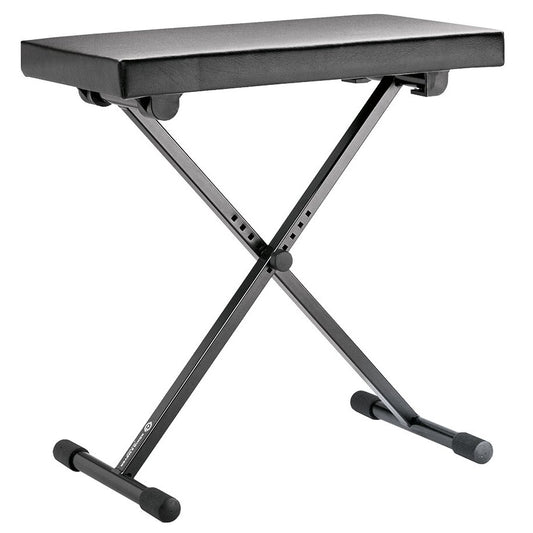 14065 keyboard bench angled front view showing black imitation leather seat, X-frame legs with height adjustment holes and rubber-capped feet, K&M
