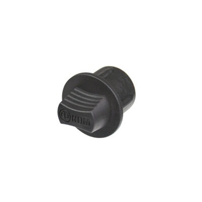 Neutrik NDM dummyPLUG in black rubber, angled view showing ribbed grip flange and NDM marking