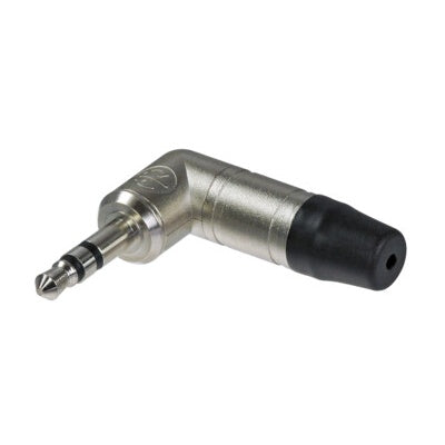 Neutrik NTP3RC right-angle 3.5mm audio plug with nickel housing and black cable boot