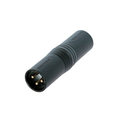 Neutrik NA3MM-B black XLR adapter shown at an angle with 3-pin male end and gold-plated contacts