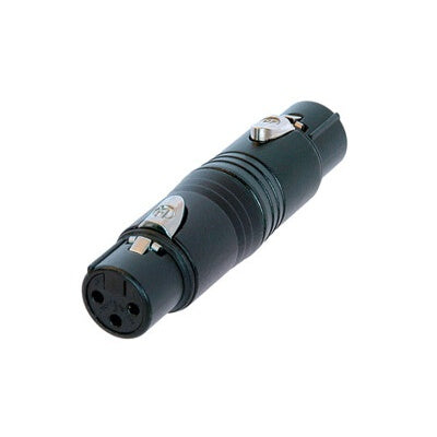 Neutrik NA3FF-B black XLR adapter shown at an angle with 3-pin female barrel end facing forward
