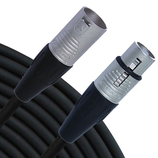 RapcoHorizon REAN DMX 3-pin cable with male and female XLR connectors on coiled black jacket
