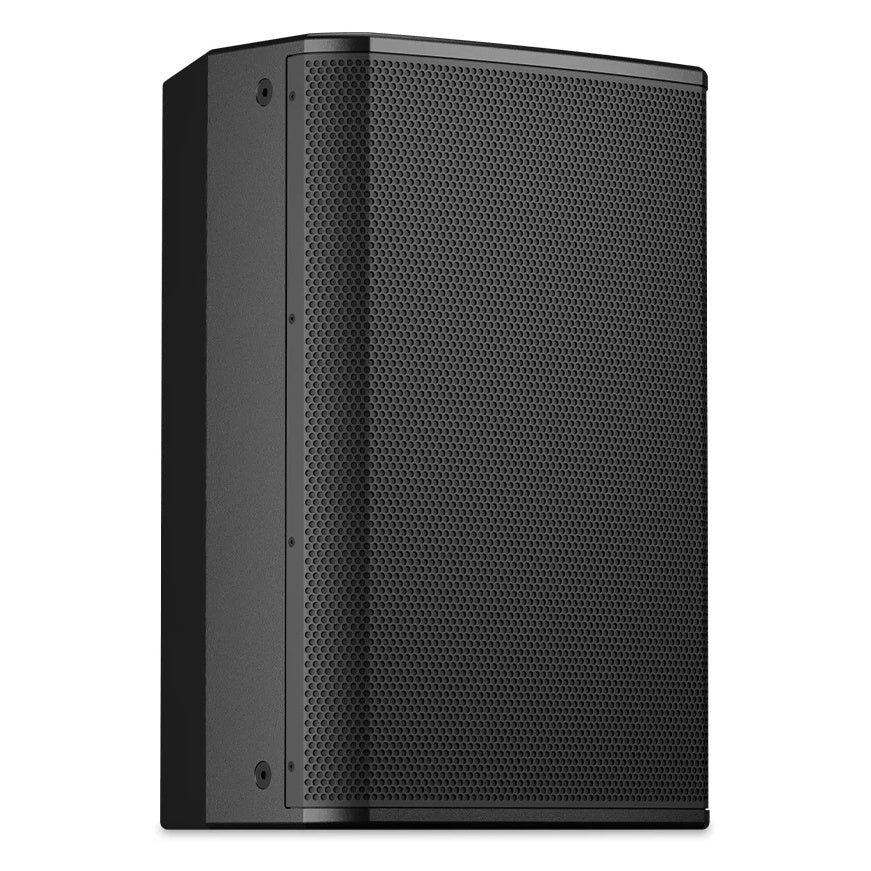 PL-CA 12-inch coaxial install loudspeaker angled hero view showing perforated steel grille and trapezoidal cabinet, Q-SYS