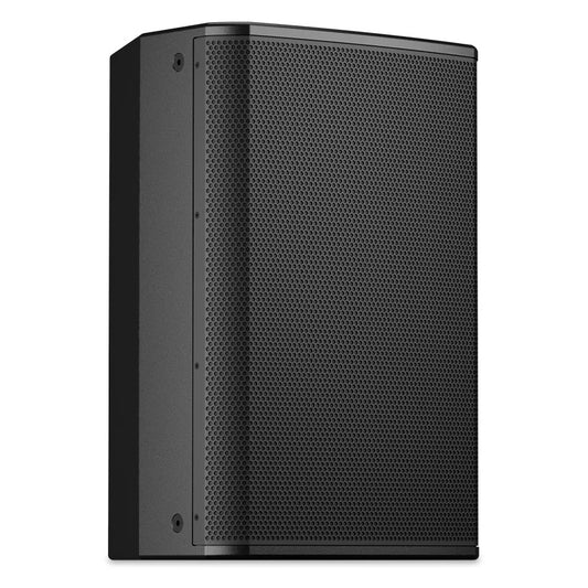 PL-CA 12-inch coaxial install loudspeaker angled hero view showing perforated steel grille and trapezoidal cabinet, Q-SYS