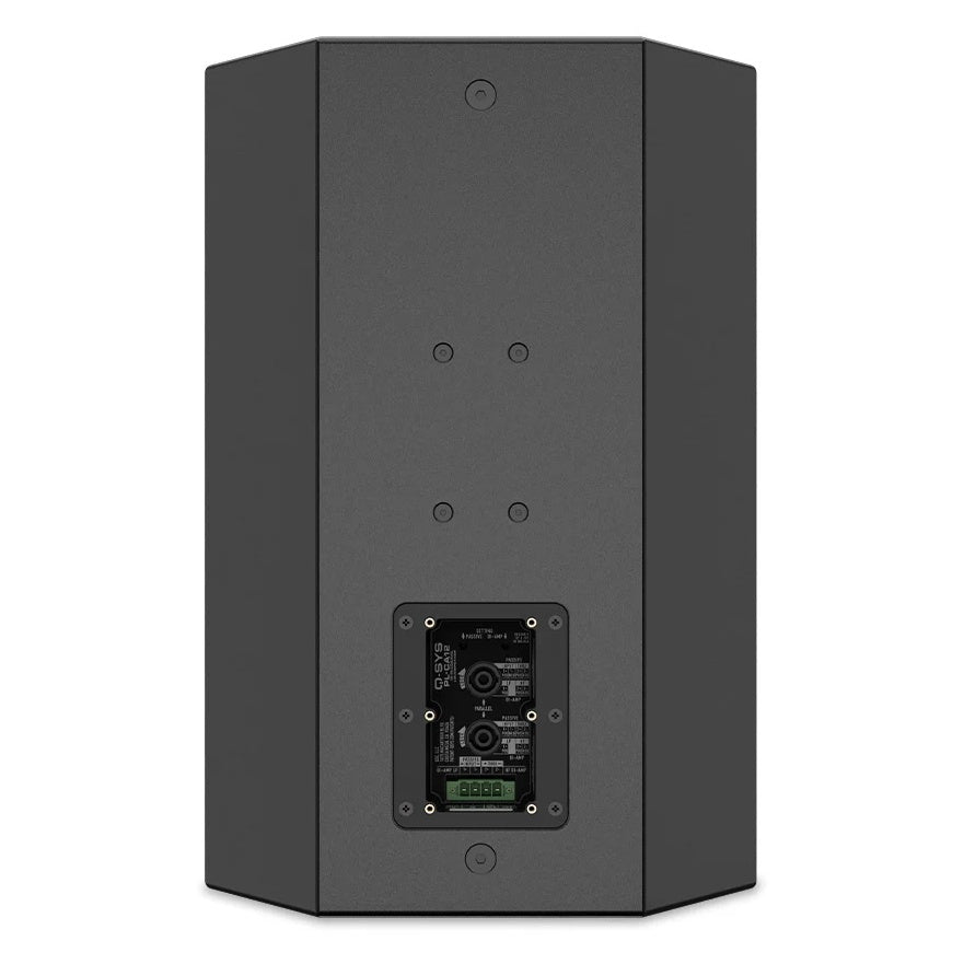 PL-CA 12-inch coaxial loudspeaker rear view showing recessed input panel with Euroblock and NL4 connectors plus M-threaded mounting points, Q-SYS