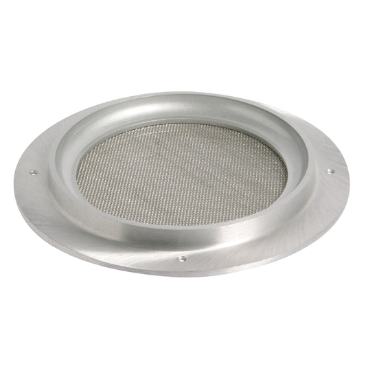 AtlasIED VP60R recessed baffle angled view showing brushed metal flange depth and mesh screen