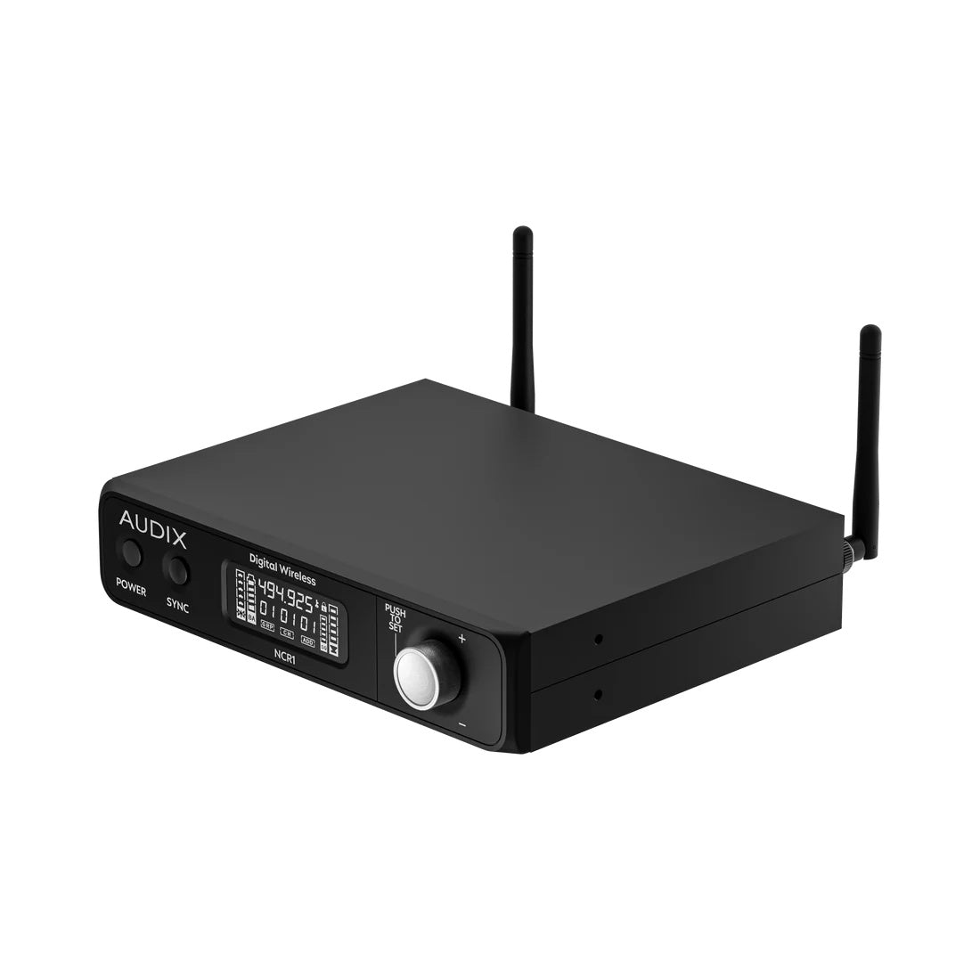 NCR1 Novacore single-channel UHF digital wireless receiver three-quarter front view with dual antennas raised and 494.925 MHz shown on the LCD, Audix