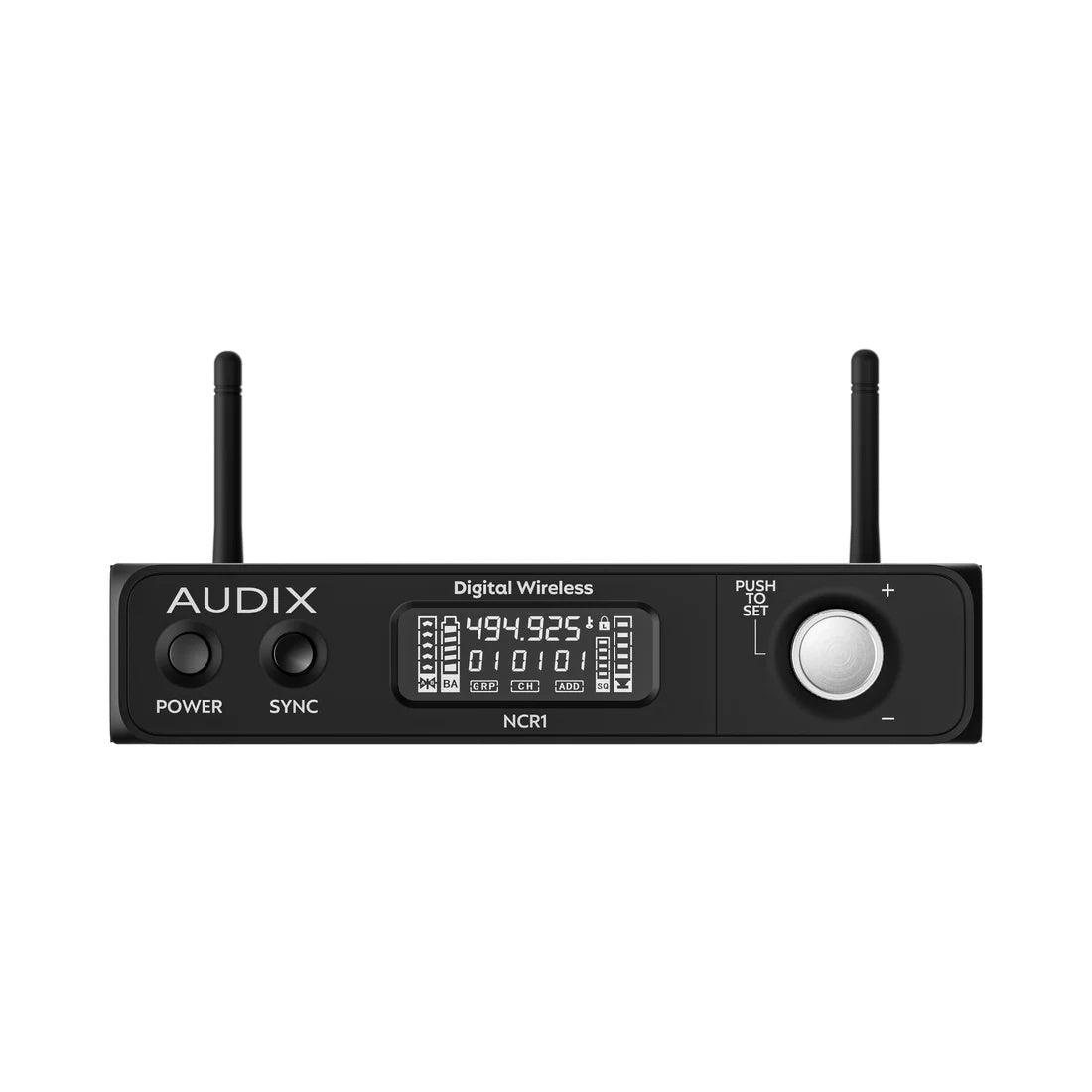NCR1 front panel straight-on view showing Power and Sync buttons, backlit frequency display and Push To Set encoder, Audix
