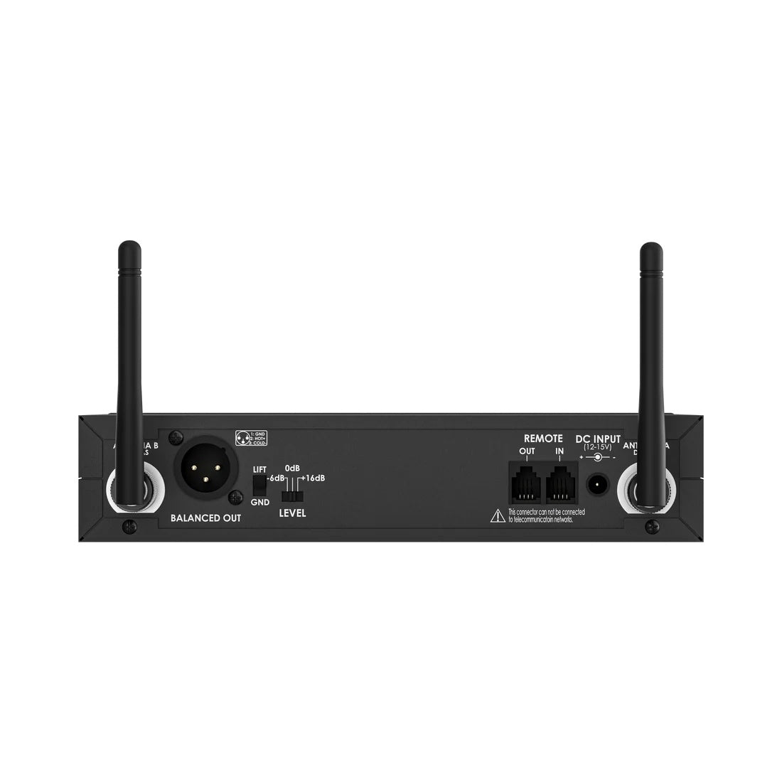 NCR1 rear panel with balanced XLR output, ground lift and -6/0/+16 dB level switches, remote in/out jacks and 12-15V DC input, Audix