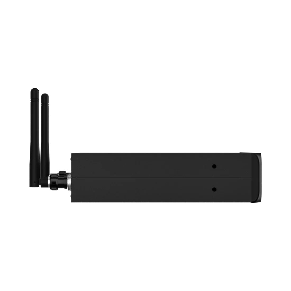 NCR1 left side profile showing half-rack chassis depth and rack-ear mounting holes with antennas angled forward, Audix