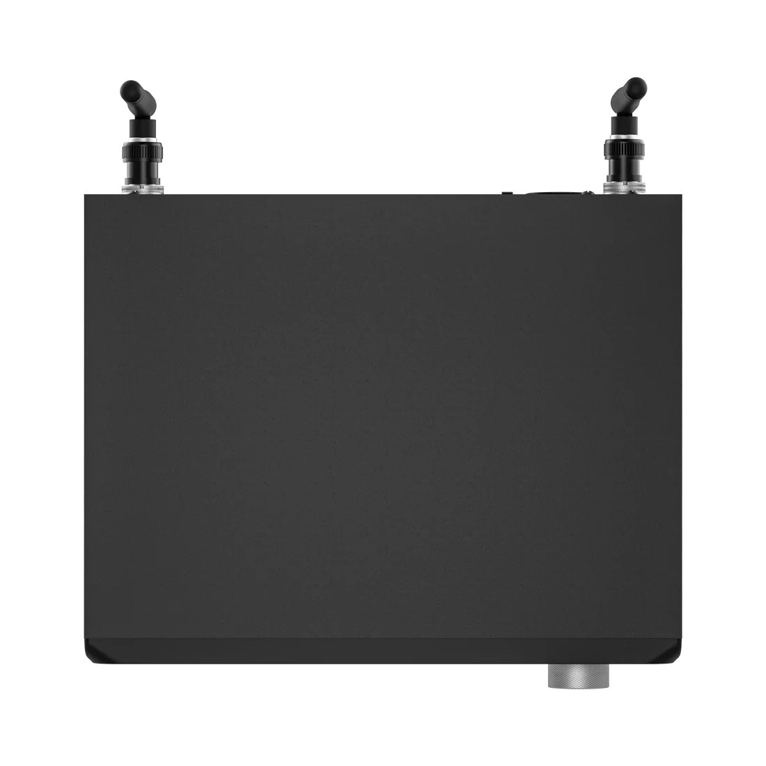 NCR1 top view showing plain black chassis lid with both antennas angled from the rear BNC jacks, Audix