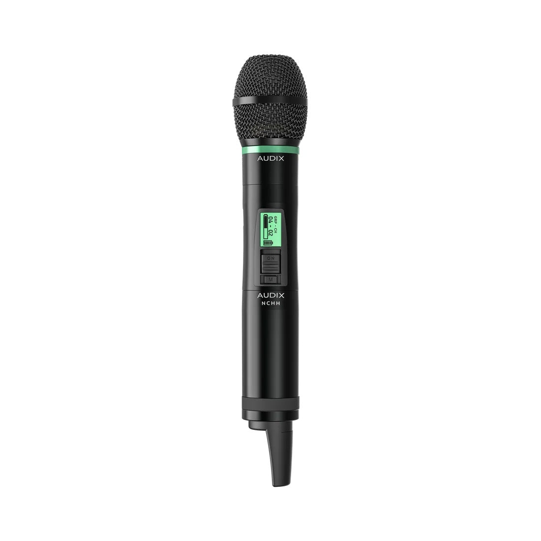NCHHEC Novacore digital handheld transmitter front view with NCEC capsule, green accent ring and backlit LCD showing group and channel, Audix