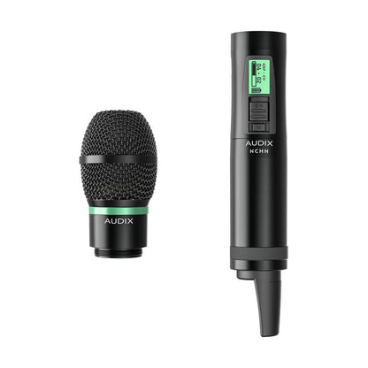 NCHHEC kit contents showing NCEC condenser capsule detached beside NCHH handheld transmitter body, Audix