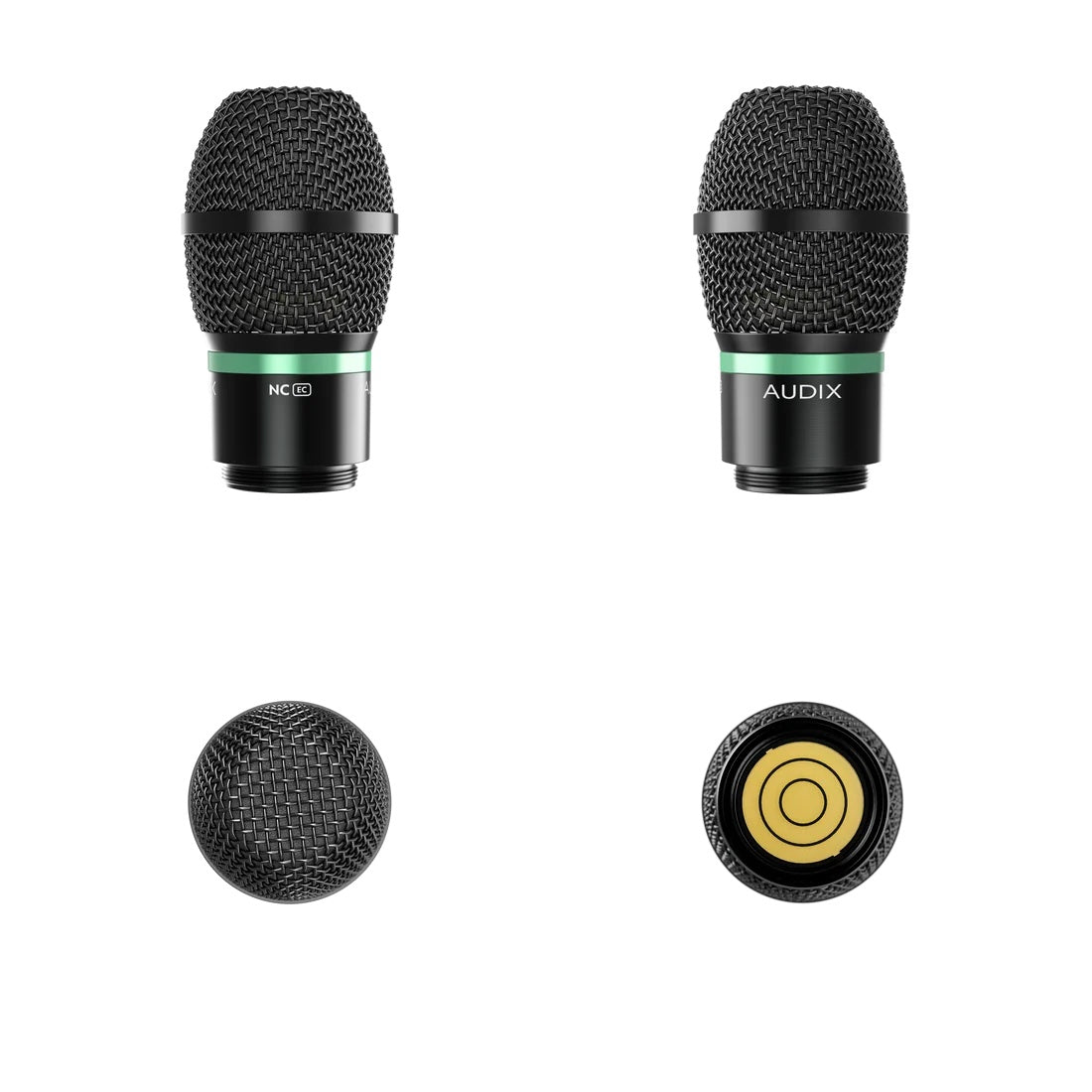 NCEC capsule detail views showing mesh grille, green ID ring and gold-plated threaded contact base, Audix