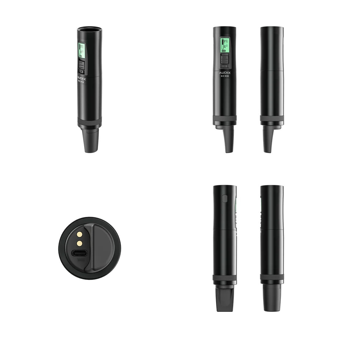 NCHH transmitter body multiple views including bottom contacts with USB-C charging port, Audix