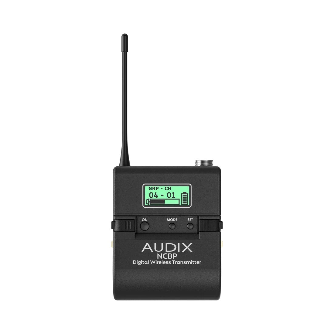 NCBP Novacore UHF digital bodypack transmitter front view with backlit LCD showing group 04 channel 01 and ON, MODE, SET buttons, Audix