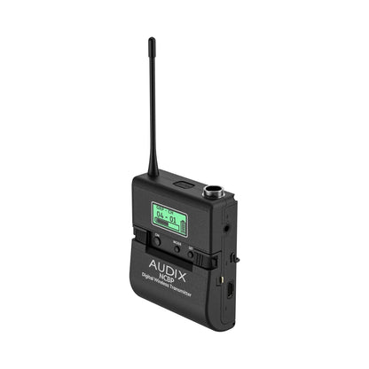 NCBP bodypack transmitter three-quarter front angle showing flexible antenna, TA4 input connector and side USB-C charging port, Audix