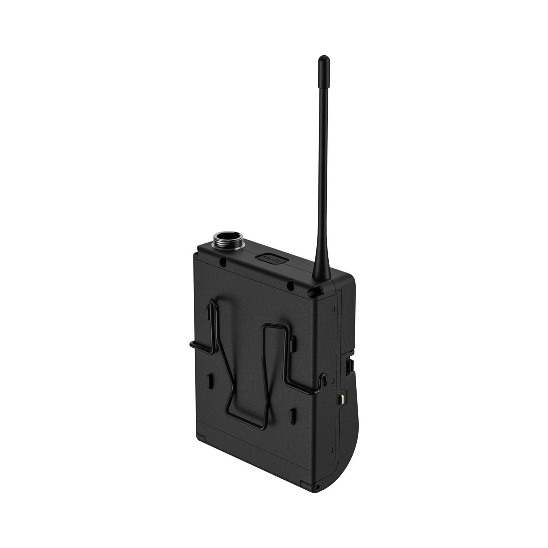 NCBP bodypack transmitter three-quarter rear view showing removable metal belt clip and charging contacts, Audix