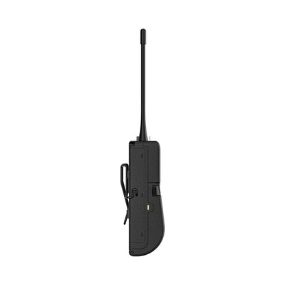 NCBP bodypack transmitter side profile showing slim chassis depth, belt clip and gold charging pin, Audix