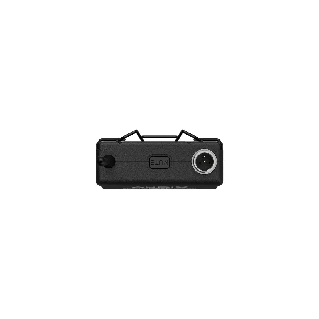 NCBP bodypack transmitter top panel detail with MUTE switch, 4-pin TA4 mic input and antenna base, Audix