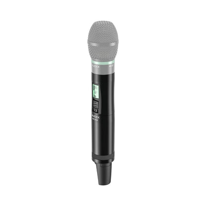 NCHH Novacore handheld wireless transmitter with NCEC capsule installed, green ID ring above LCD showing GRP-CH 04-02, Audix