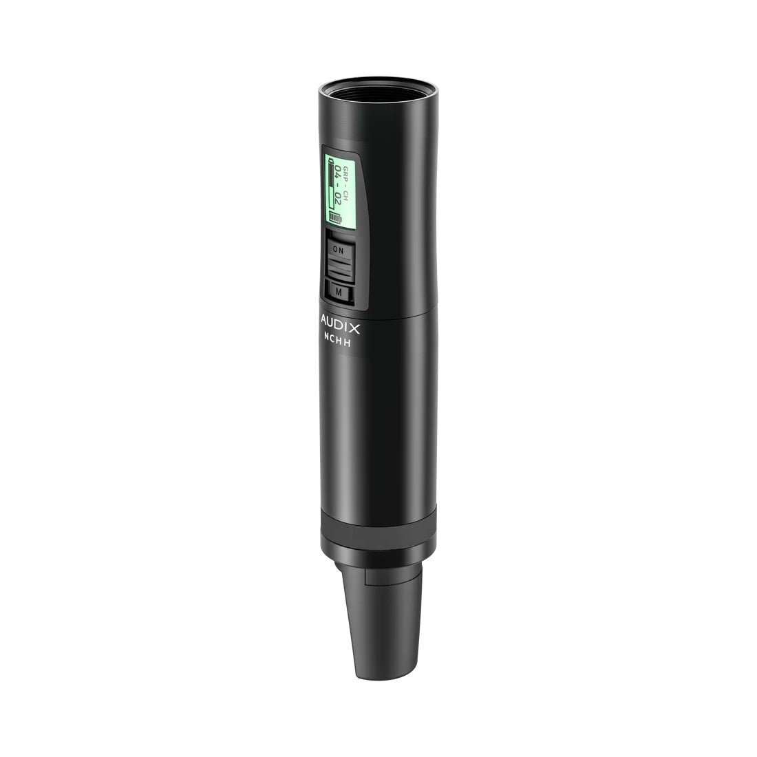 NCHH handheld transmitter three-quarter front view with capsule removed, showing threaded mount, backlit LCD, ON switch and M button, Audix