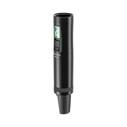 NCHH handheld transmitter three-quarter front view with capsule removed, showing threaded mount, backlit LCD, ON switch and M button, Audix