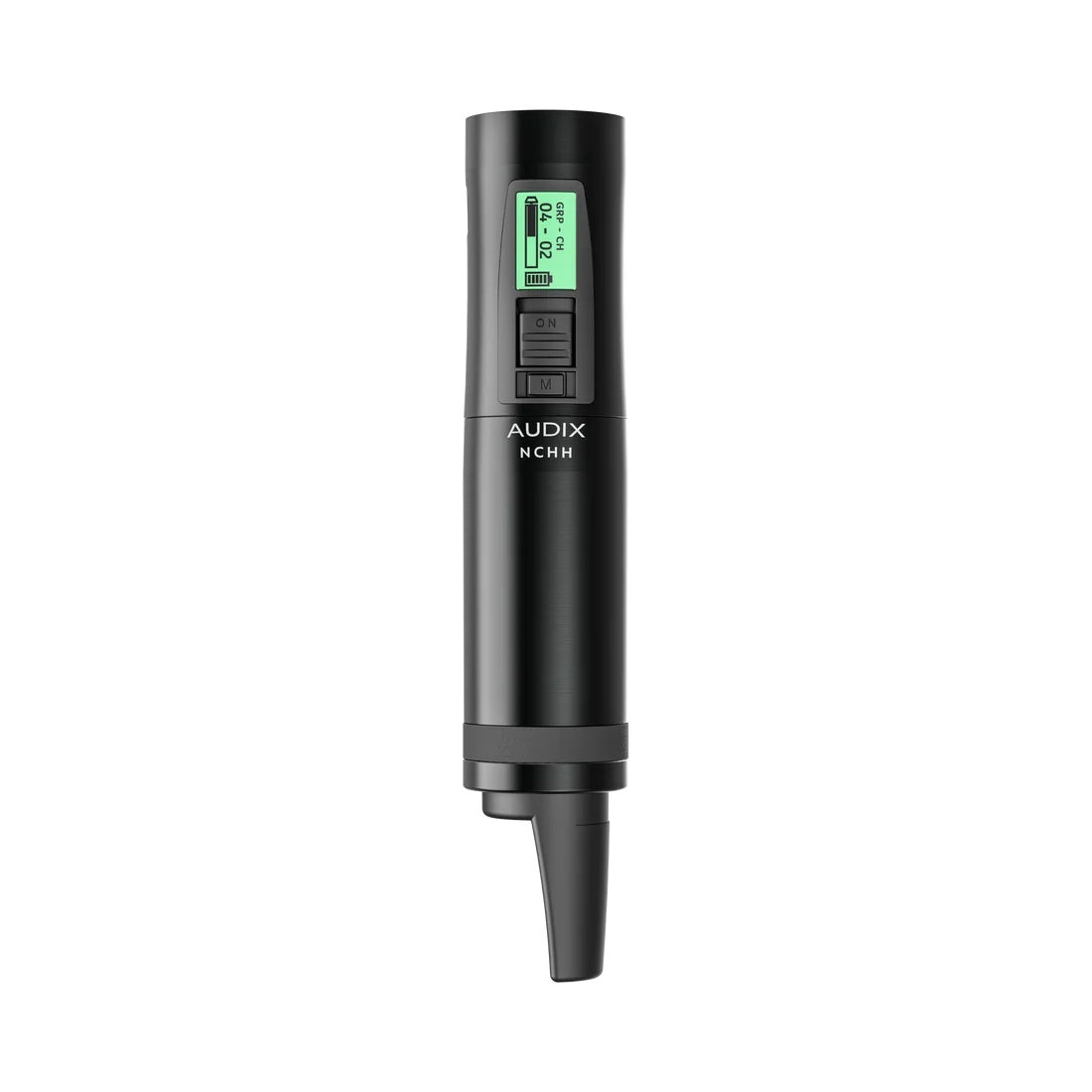 NCHH handheld transmitter front view with green backlit display reading GRP-CH 04-02 and battery icon above NCHH branding, Audix