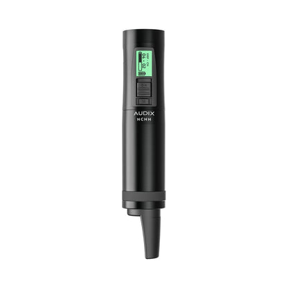 NCHH handheld transmitter front view with green backlit display reading GRP-CH 04-02 and battery icon above NCHH branding, Audix