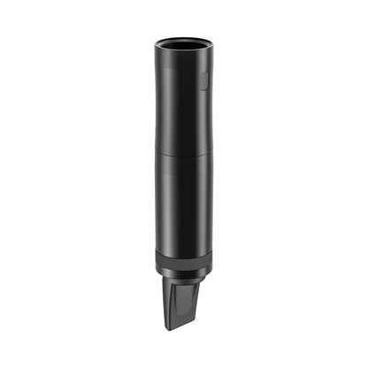 NCHH handheld transmitter three-quarter rear view showing smooth black body, antenna taper and single side button, Audix