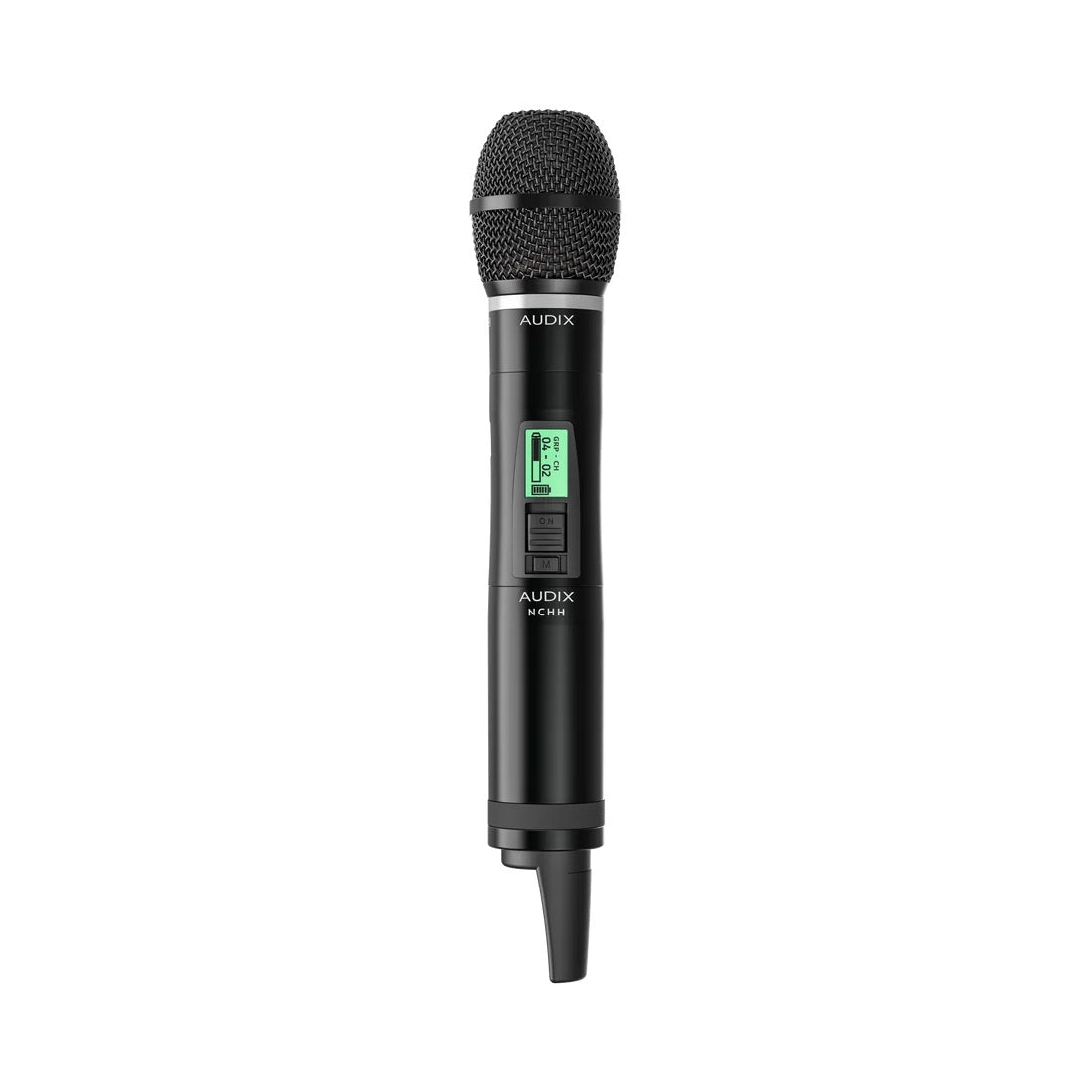 NCHHTH Novacore UHF digital handheld transmitter front view with TH capsule fitted and backlit LCD showing group and channel, Audix