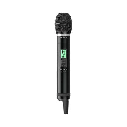 NCHHTH Novacore UHF digital handheld transmitter front view with TH capsule fitted and backlit LCD showing group and channel, Audix
