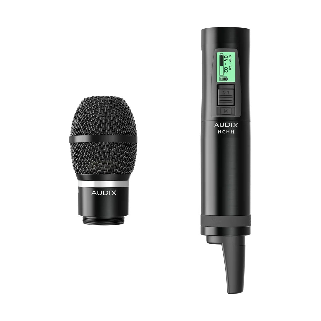 NCHHTH in-the-box contents showing the detached TH condenser capsule head alongside the NCHH handheld transmitter body, Audix