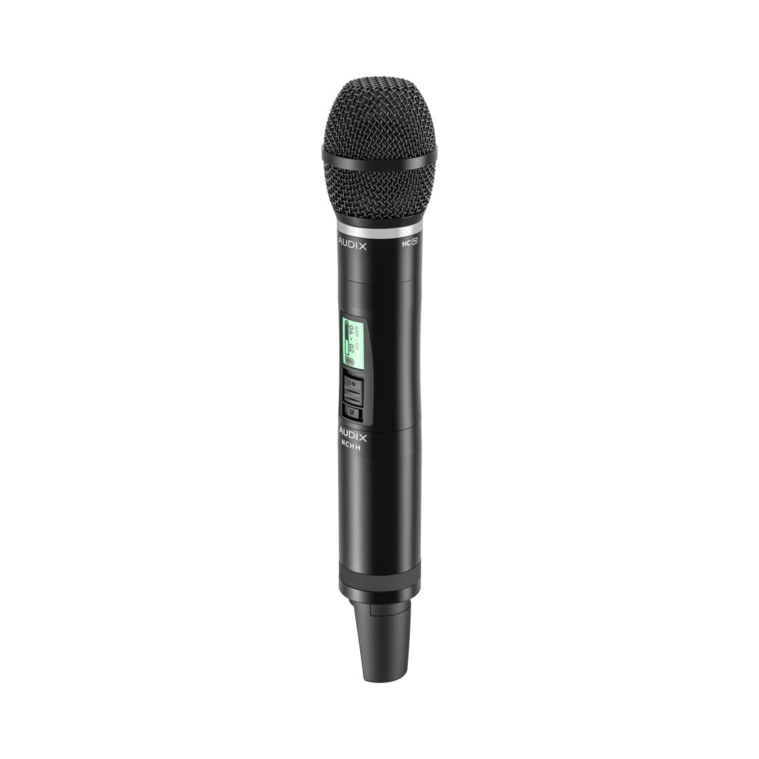 NCHHTH handheld transmitter three-quarter front view highlighting mesh grille, power switch and menu button, Audix