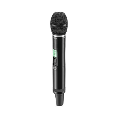 NCHHTH handheld transmitter three-quarter front view highlighting mesh grille, power switch and menu button, Audix