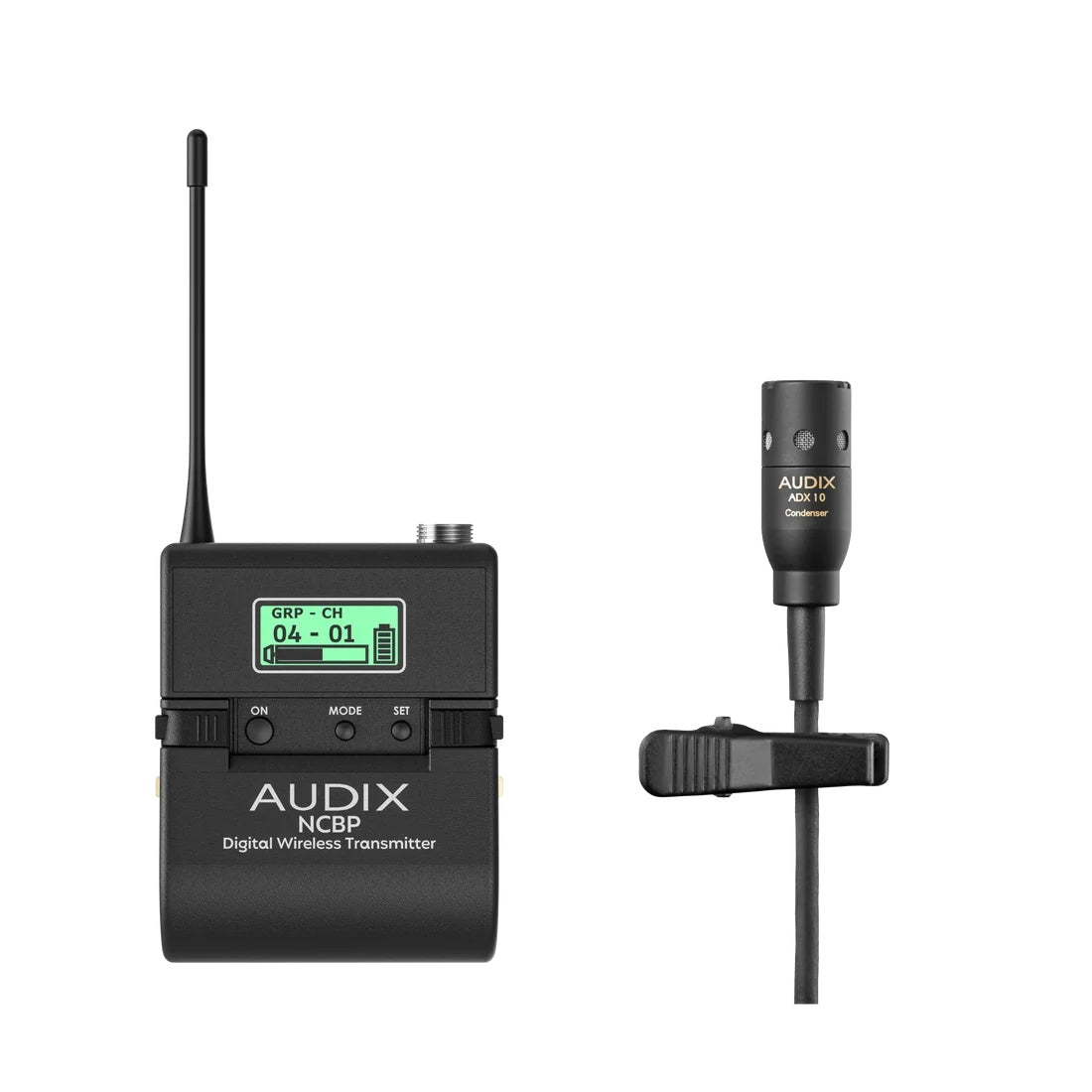 NCBPADX10 in-the-box view with NCBP bodypack transmitter showing GRP-CH display and ADX10 condenser lavalier mic, Audix