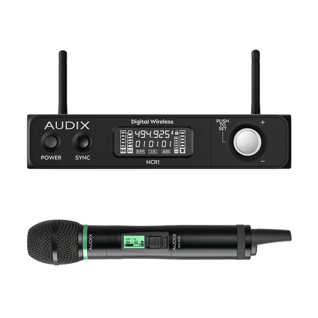 NCHEC Novacore wireless system in the box with NCR1 receiver showing 494.925 MHz display and NCHH handheld transmitter, Audix